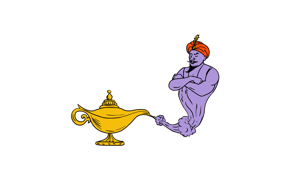 Genie Coming Out of Golden Oil Lamp 