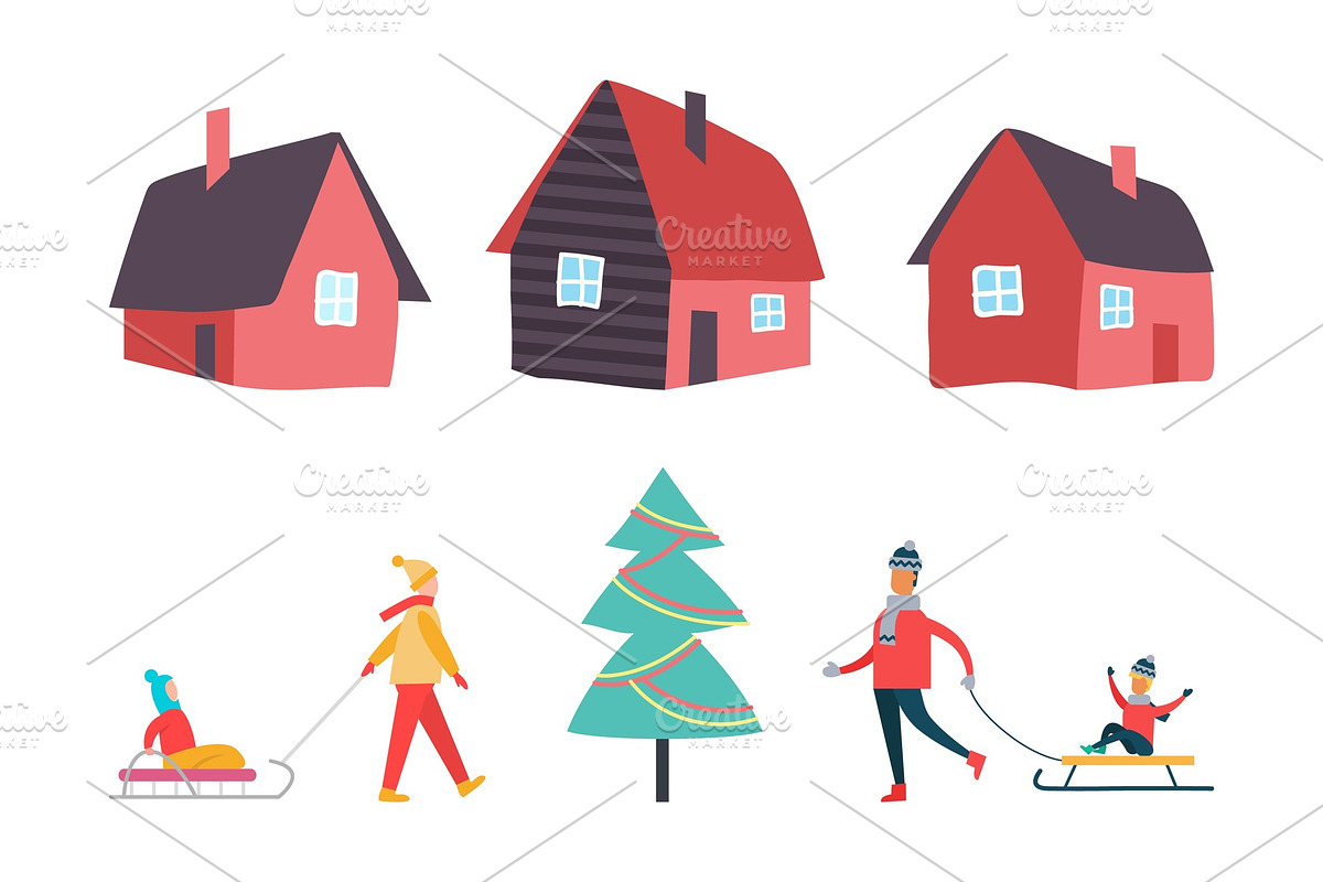 Winter Activities People and Houses in Illustrations - product preview 8