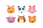 Cute animal heads set, funny faces