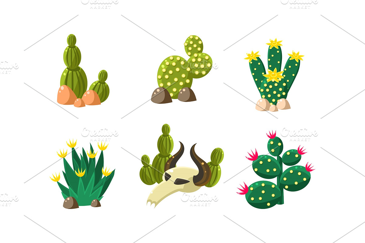 Cactuses and buffalo skull set in Illustrations - product preview 8