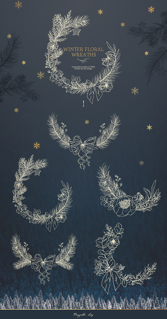 Winter floral line art. Holiday set in Illustrations - product preview 1