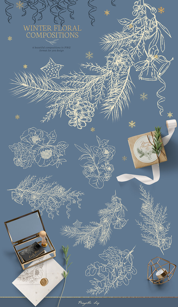 Winter floral line art. Holiday set in Illustrations - product preview 2