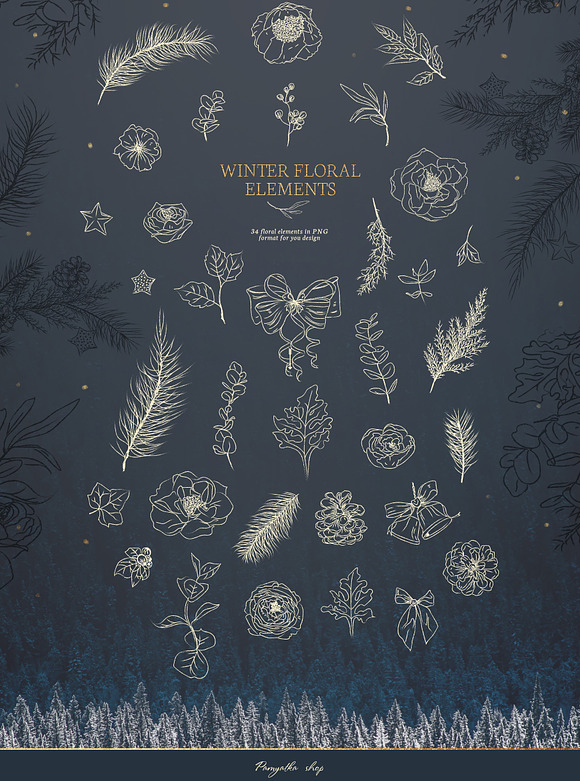 Winter floral line art. Holiday set in Illustrations - product preview 3