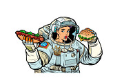 Woman astronaut eats. Cola, hot dog