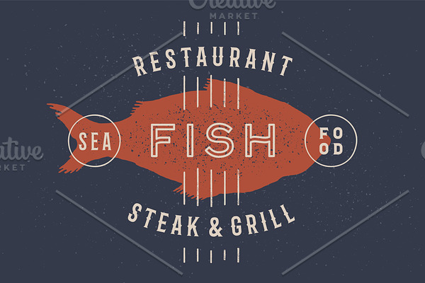 Fish, seafood. Vintage icon fish