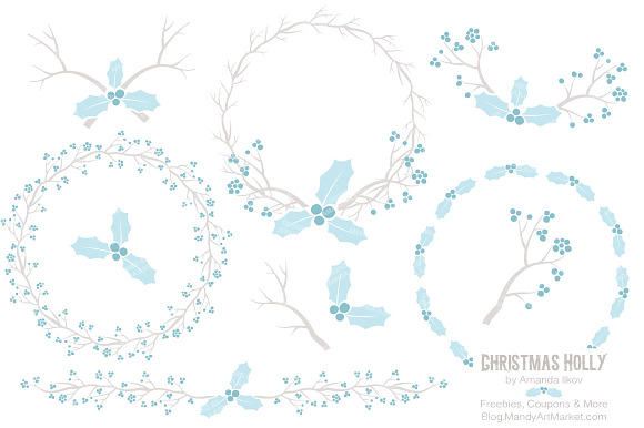 Soft Blue Christmas Holly Clipart in Illustrations - product preview 1