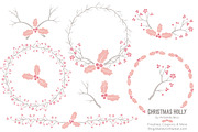 Soft Pink Christmas Holly Clipart