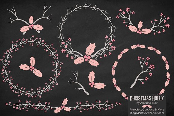Soft Pink Christmas Holly Clipart in Illustrations - product preview 1