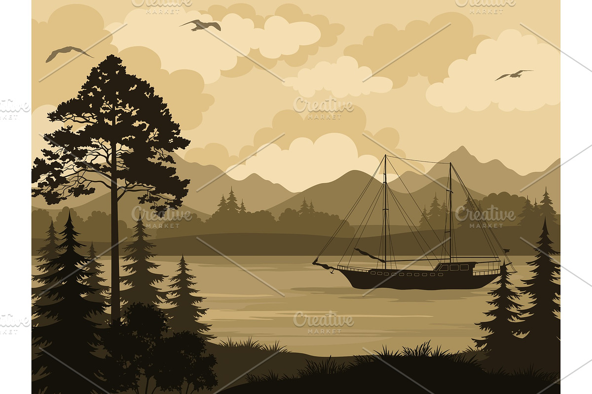 Landscape with Ship on Lake in Illustrations - product preview 8