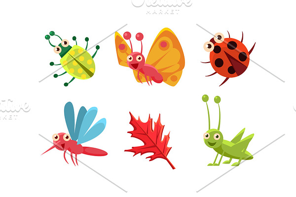 Flat vector set of cute insects and