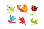 Flat vector set of cute insects and