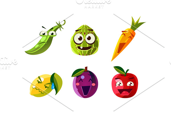 Flat vector set of humanized fruits