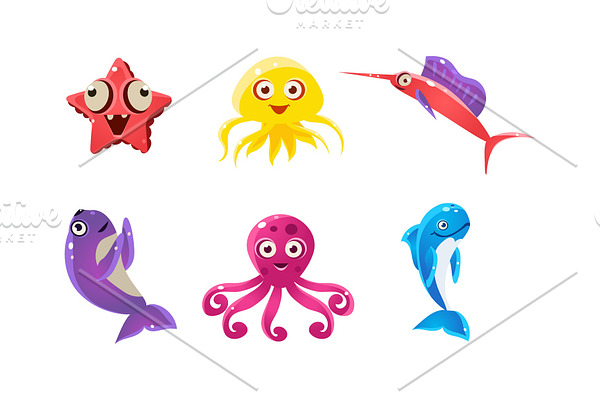Flat vector set of marine animals