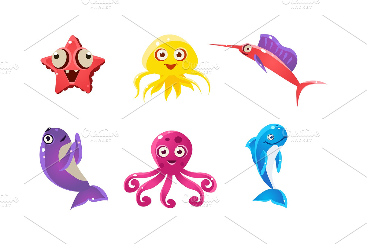 Flat vector set of marine animals in Illustrations - product preview 8