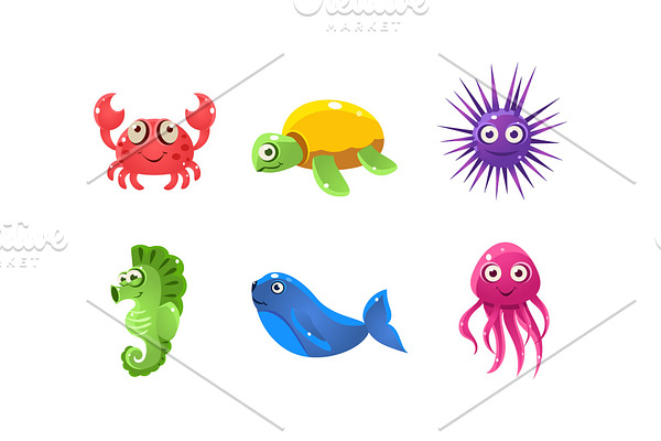 Set of cartoon sea creatures with