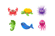 Set of cartoon sea creatures with