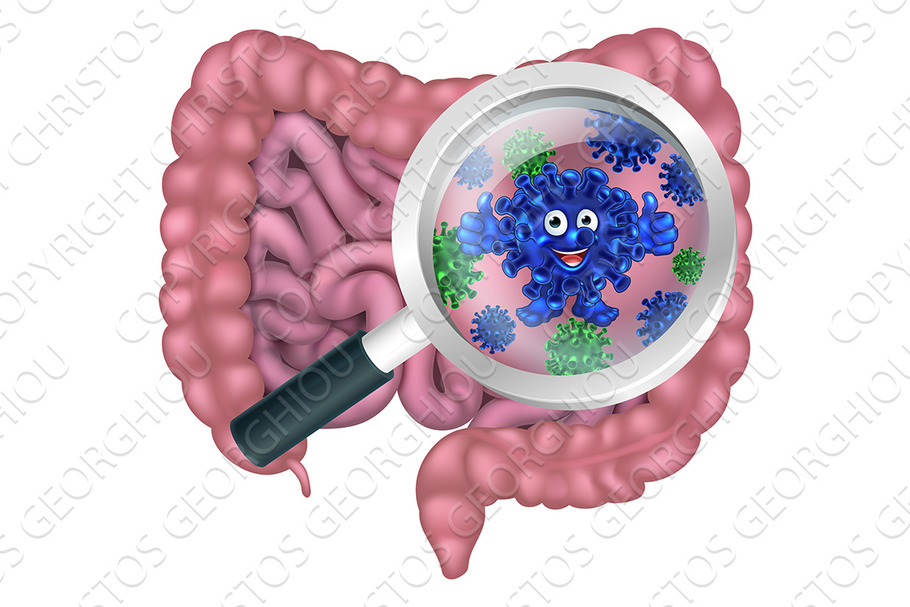 Bacteria Cartoon Character in Gut or