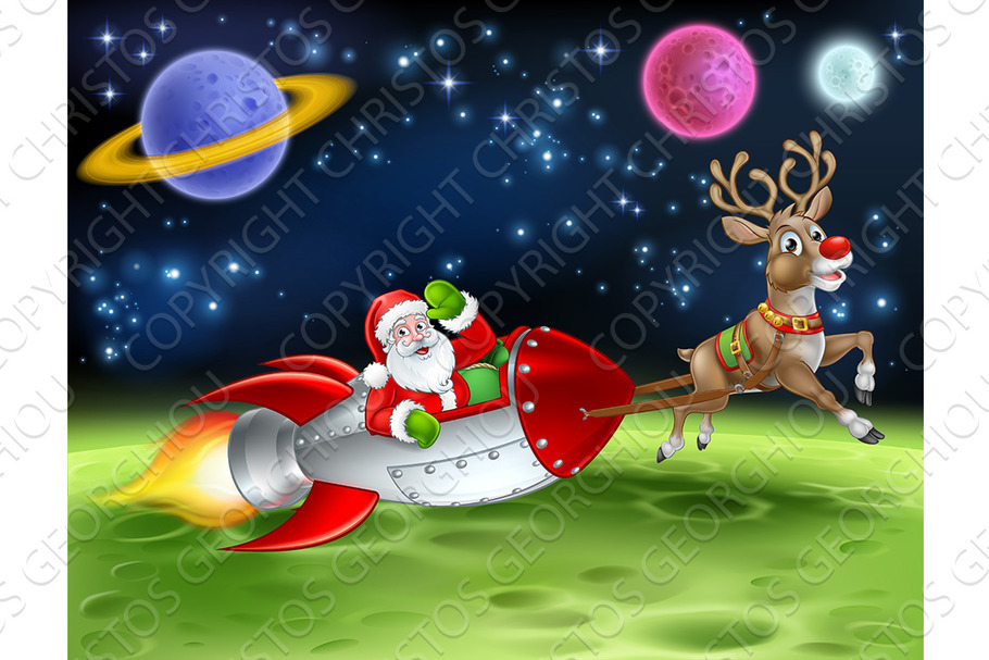 Santa Claus Rocket Sleigh Space in Illustrations - product preview 8