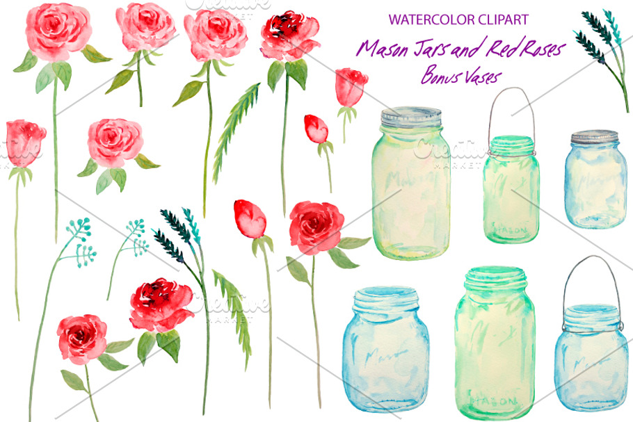 Watercolor Mason Jars Red Roses