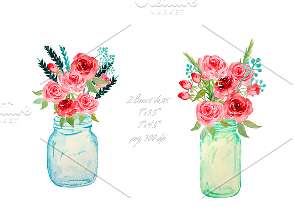 Watercolor Mason Jars Red Roses in Illustrations - product preview 1