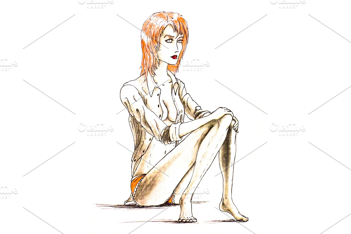 Redhead topless woman in shorts sits in Illustrations - product preview 8