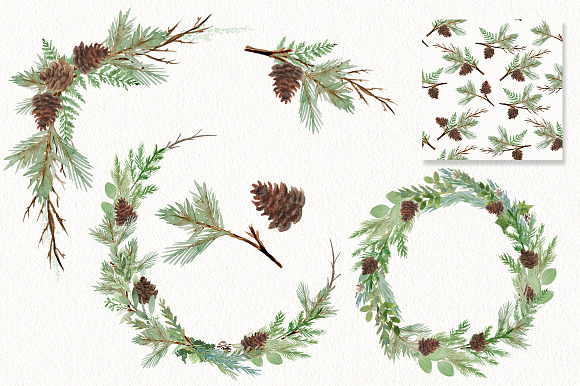 Winter Watercolor Greenery in Illustrations - product preview 1