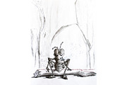 Pencil drawing. A tired ant sat on a