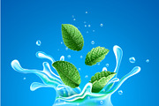 Water splash with green mint leaves.