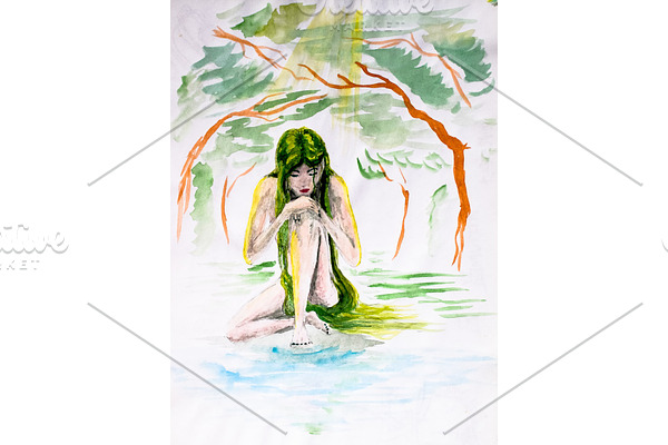 naked girl with long green hair sits