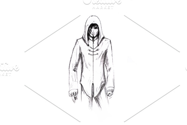 A man in clothes with a hood. Figure