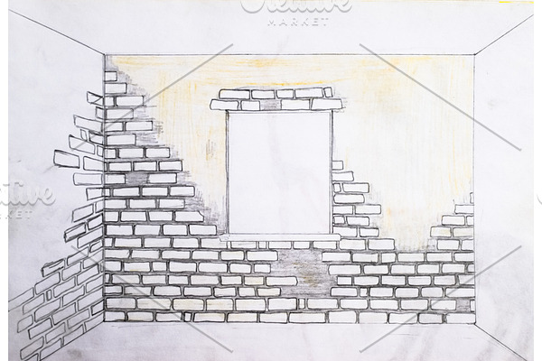 wall of bricks and a window. Drawing