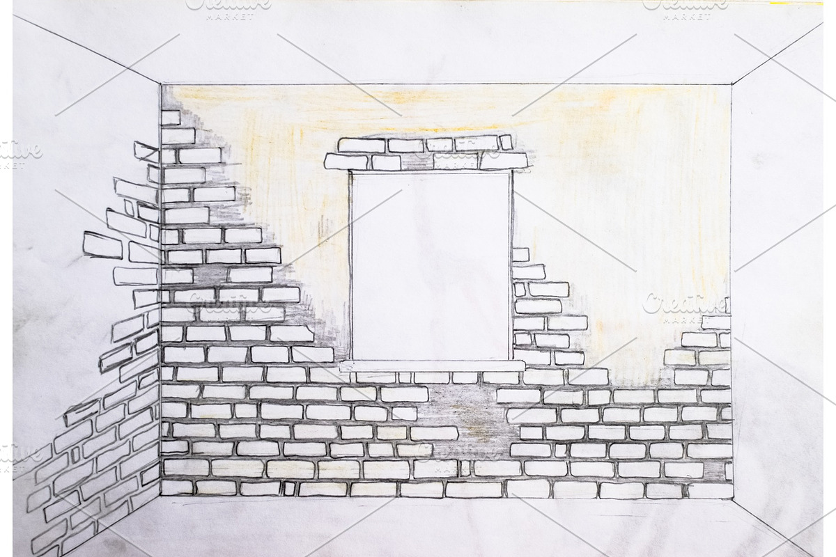 wall of bricks and a window. Drawing in Illustrations - product preview 8