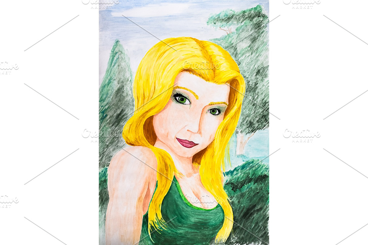 Portrait of a blonde girl in a green in Illustrations - product preview 8