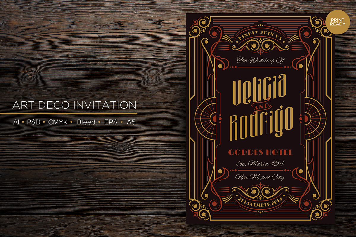 Art Deco Wedding Invitation (AI&PSD) in Postcard Templates - product preview 8