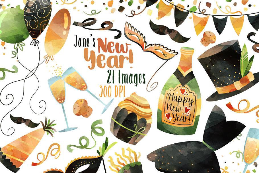 Watercolor New Years Clipart in Illustrations - product preview 8
