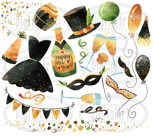 Watercolor New Years Clipart in Illustrations - product preview 1