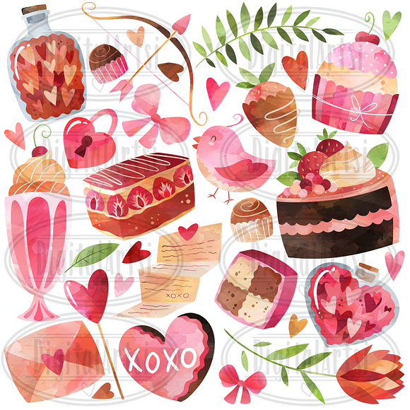 Watercolor Valentines Day Clipart in Illustrations - product preview 1