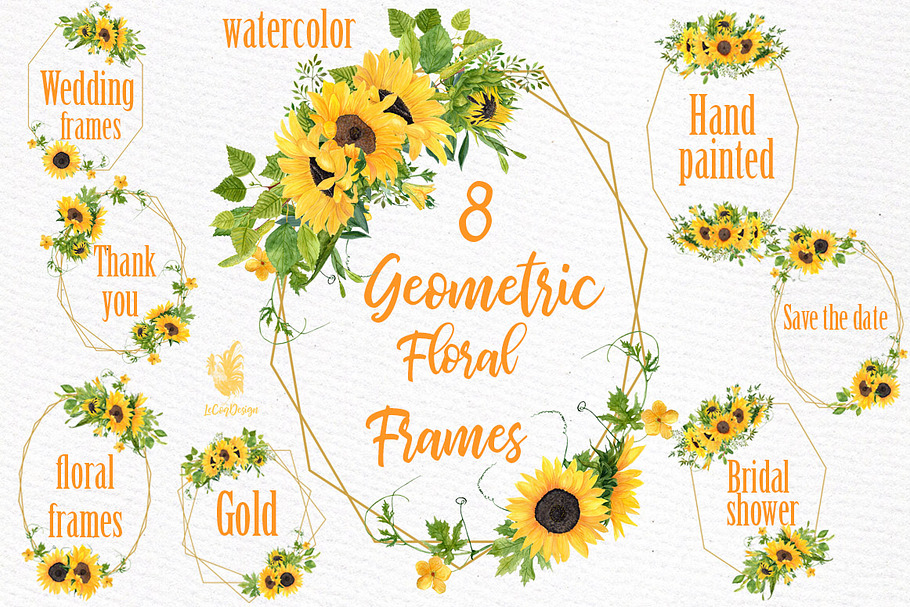 Geometric Sunflower Floral Frames in Illustrations - product preview 8