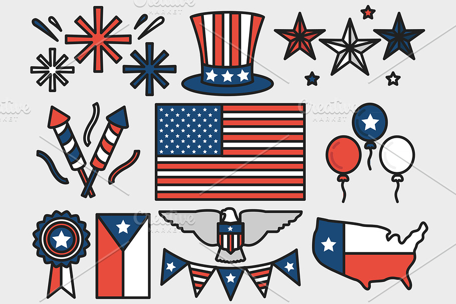 4th of July Set Outlined & Colored