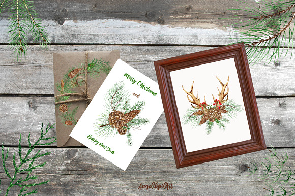 Conifers. Cones&Twigs watercolor in Illustrations - product preview 2