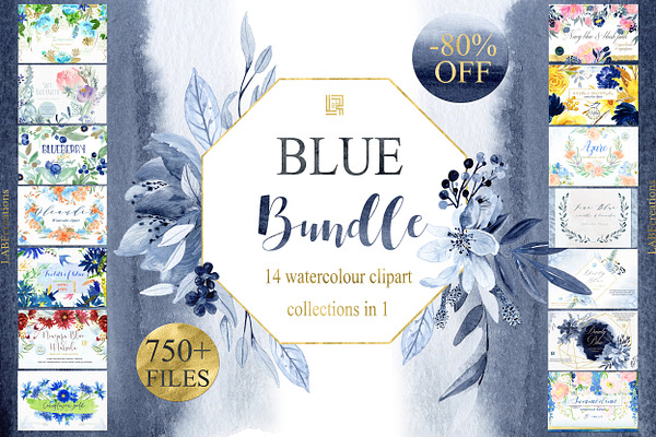 Blue Watercolor Flowers BUNDLE