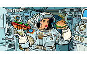 Woman astronaut eats in a spaceship