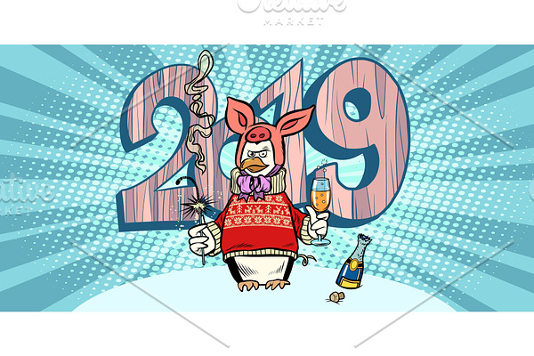 2019 happy new year. penguin in a