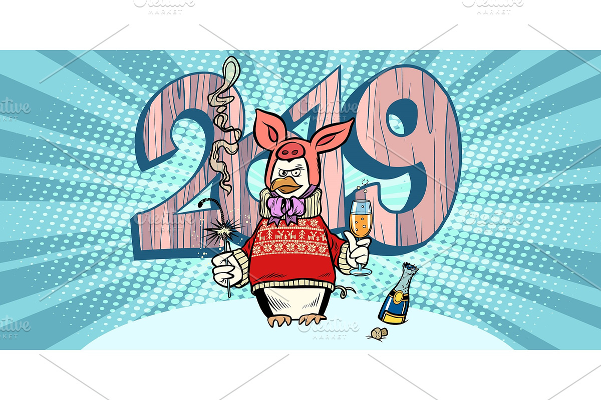 2019 happy new year. penguin in a in Objects - product preview 8