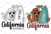 Bear holding surfboard and cocktail
