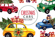 watercolor christmas cars, clipart 