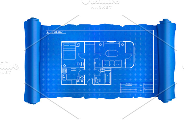 Scroll blueprint with house plan