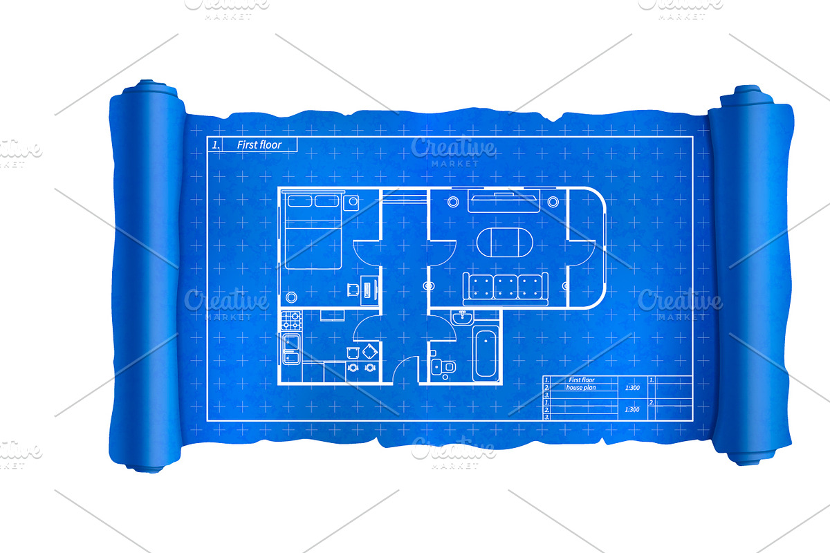 Scroll blueprint with house plan in Objects - product preview 8