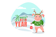 Happy New Year Postcard Pig Winter