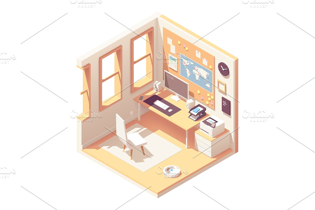 Vector isometric home office room in Illustrations - product preview 8